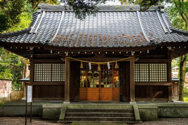 Güzel ve dingin bir Japon tapınağı manzarası... yemyeşil, canlı yeşillikler arasında mükemmel bir şekilde yerleşmiş.