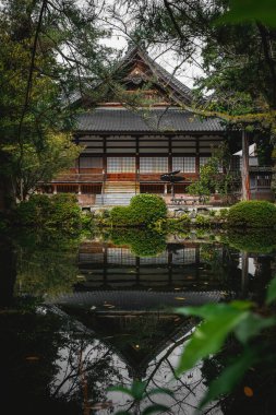 Yeşillik ve durgun su yansımalarıyla çevrili geleneksel bir Japon evinin huzurlu ve huzurlu manzarası.