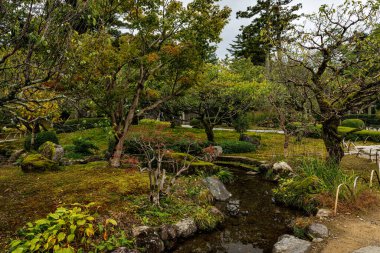 Geleneksel bir Japon parkında peyzaj tasarımı. Serene Garden, akarsu ve bereketli bir yeşillikle tamamlanmış.