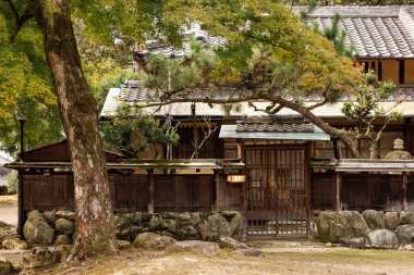 Yeşillik ve taşla süslenmiş klasik bir Japon evinin huzurlu ve huzurlu manzarası.