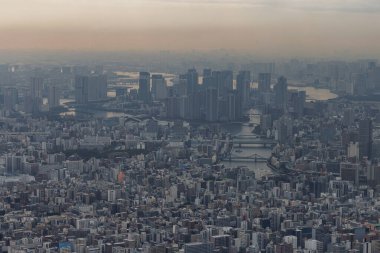 Alacakaranlıktaki Tokyo şehir manzarası, nehirleri ve görkemli gökdelenleri aydınlatıyor.