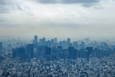 Tokyo şehrinin silueti, atmosferik bir sis tabakası içinde alacakaranlıkta gökdelenler.