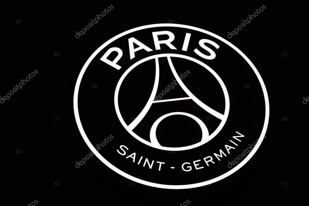 PARIS, FRANCE - 18 February 2025: Logo of the football club PSG. Paris Saint Germain store sign