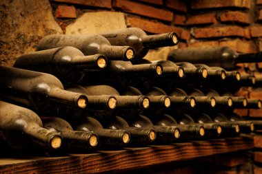 Bir raf dolusu tozlu şarap şişesi dizilmişti..