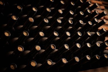 Mantarlı bir sıra şarap şişesi. Mantarlar kahverengi, şişeler siyah.