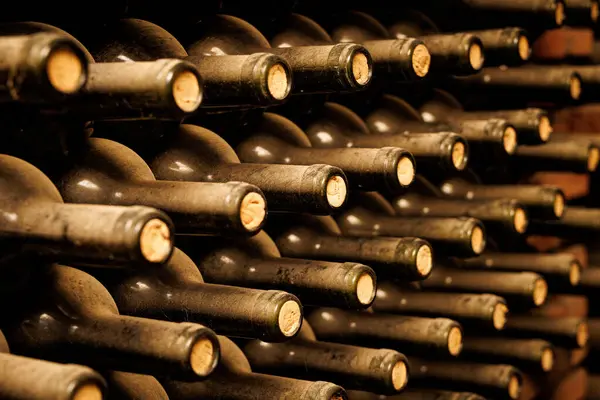 Köy mahzeninde tozlu şarap şişeleri birbirinin üstüne uzanıyor.