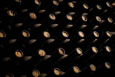 Tıpaları çıkarılmış bir dizi şarap şişesi. Şişeler sıraya dizildi.