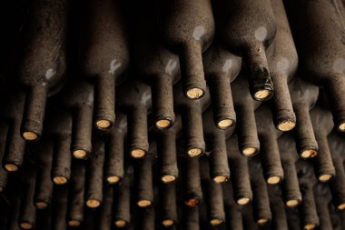 Mantarlı bir sıra şarap şişesi. Mantarlar kahverengi.