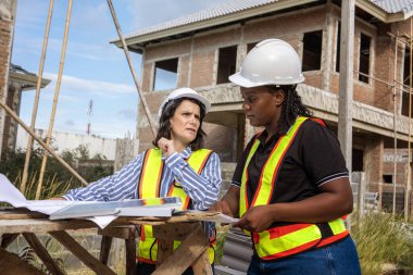 Kadın mühendis arka planda planları olan erkek mimar hakkında konuşuyor.