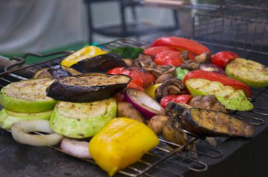 Izgara renkli sebze: dolmalık biber, kabak, açık gri kayrak üzerinde patlıcan, taş ya da beton arka plan. Kopyalama alanı olan üst görünüm.