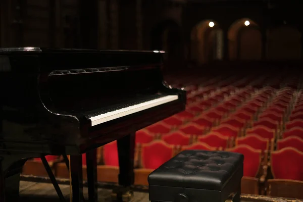 Sahneden boş bir konser salonu manzarasında piyano çalıyor.