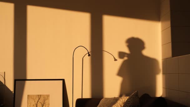 Σκιά Στον Τοίχο Από Έναν Άντρα Που Πίνει Τσάι — Αρχείο Βίντεο