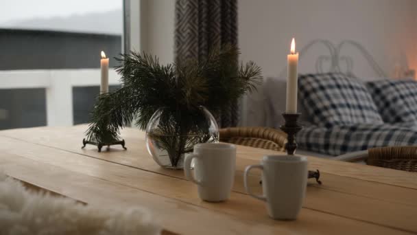 Two Cups Hot Tea Wooden Table Close Background Candle Christmas — 비디오