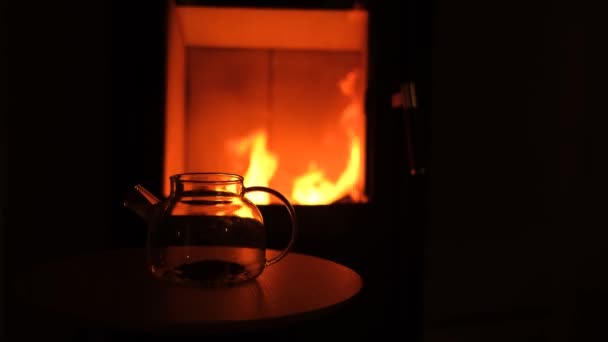 Man Pours Boiling Water Teapot Make Tea Front Fireplace — Vídeo de Stock