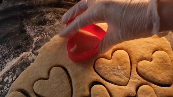 Chef Prepares Shortbread Cookies Shape Heart — стоковое видео