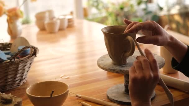 一位女陶艺家在一家陶器作坊里用粘土做了一杯咖啡 — 图库视频影像