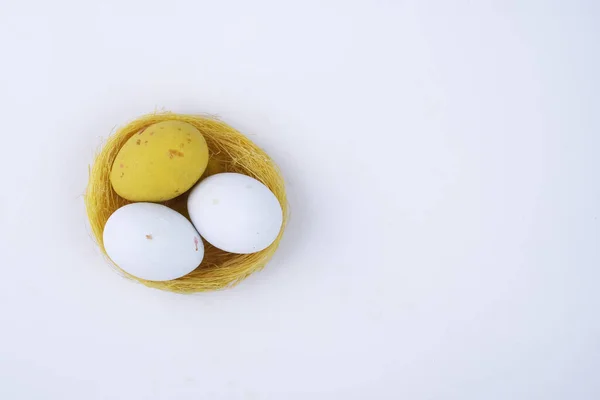 Huevos Chocolate Colores Maqueta Vista Superior Paja — Foto de Stock