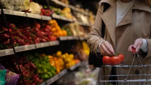 Una Mujer Joven Supermercado Elige Tomates Primer Plano Rama — Vídeo de stock