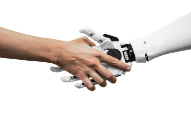 Beyaz arka planda robotla tokalaşan bir adam el sıkışıyor.