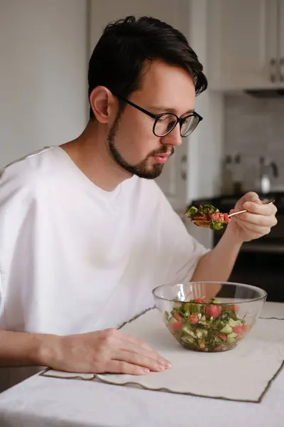 Portrait Young Men Eating Vegetable Salad Breakfast Stock Photo