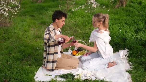 Piękna Młoda Para Zakochana Pikniku Pijąca Wino Śmiejąca Się — Wideo stockowe