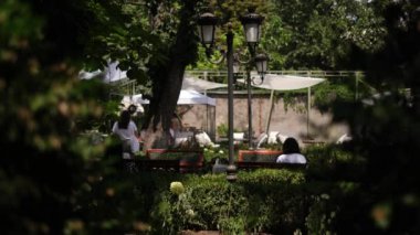 İnsanlar açık bir yaz terasında bir restoranda öğle yemeği yiyorlar.