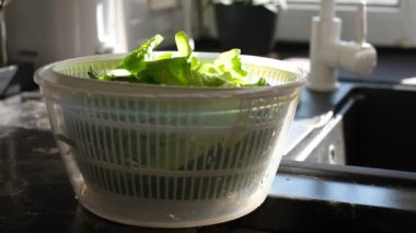 Bir adam yıkadıktan sonra salata kurutur.