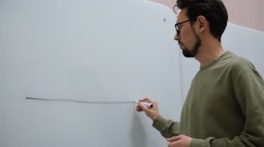 Genç adam ders sunumu yapıyor. Sınıftaki tahtaya bir grafik çiziyor.