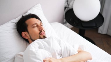 Genç esmer bir adamın portresi. Sabahın erken saatlerinde yumuşak, rahat bir yatakta mışıl mışıl uyuyor.