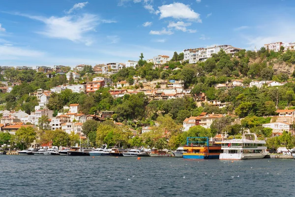 stock image View from the sea of the green mountains of the Europian side of Bosphorus strait, with docked boats, traditional houses and dense trees in a summer day