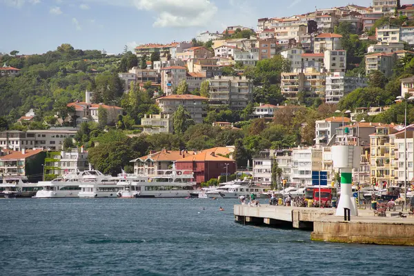 İstanbul, Türkiye - 29 Ağustos 2022: İstanbul Boğazı 'nın Avrupa yakasındaki yeşil dağların denize bakan manzarası, limanlı tekneler, geleneksel evler ve yoğun ağaçlarla dolu bir yaz günü