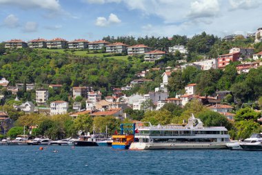 İstanbul Boğazı 'nın Avrupa yakasındaki yeşil dağların denizinden bir yaz günü rıhtımlı tekneler, geleneksel evler ve sık ağaçlarla manzarayı seyret.