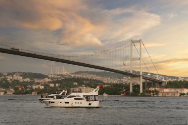Istanbul, Turkey - August 31, 2022: Sunset of Bosphorus strait, with Bosphorus Bridge, or Bogazici Koprusu, connecting Europe and Asia, from Ortakoy district