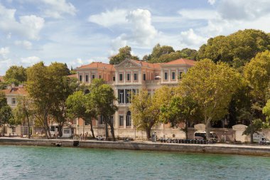 Istanbul, Turkey - August 29, 2022: View from the sea of the European side of Bosphorus strait