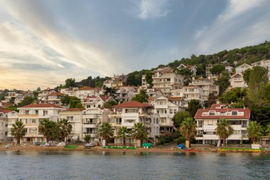 Marmara Denizi 'nden Kinaliada adasının geleneksel yazlık ve tekneleriyle manzarası, İstanbul, Türkiye