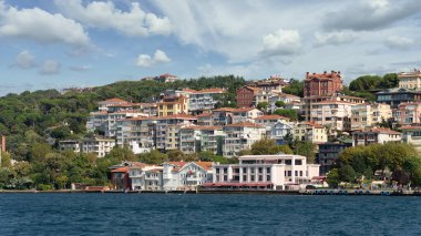 İstanbul, Türkiye - 29 Ağustos 2022: Bir yaz günü geleneksel evler ve sık ağaçlarla birlikte Asya tarafındaki yeşil dağların İstanbul Boğazı 'ndan görüntüsü