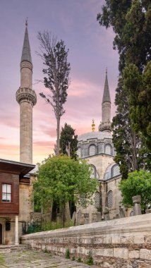 16. yüzyıl Atik Valide Camii, İstanbul 'un Uskudar ilçesinde yer alan uzun yemyeşil ağaçlarla çevrili. Fotoğraf, yüksek mineralleriyle camilerin mimarisinin güzelliğini yakalıyor.