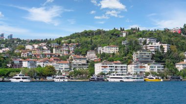 İstanbul, Arnavutluk, İstanbul ve Türkiye 'de yaz günü limanlı tekneler, geleneksel evler ve sık ağaçlarla, İstanbul' un Avrupa yakasındaki yeşil dağların manzarasına bakın.