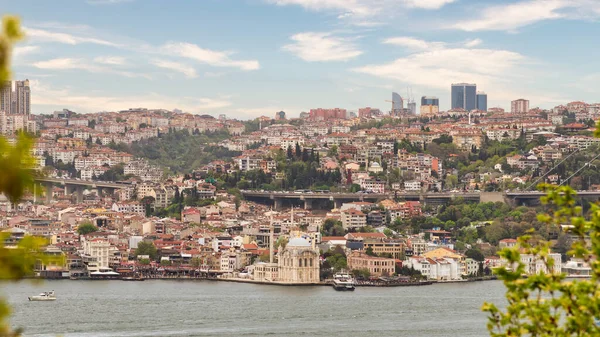 İstanbul şehrinin Fethi Paşa Korusu 'ndan İstanbul Boğazı' na tepeden bakan sabah görüntüsü, İstanbul, Türkiye 'de Boğaziçi Köprüsü