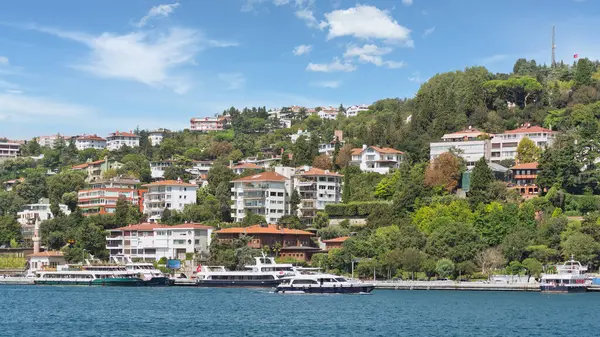 Bebek, View from the sea of the green mountains of the Europian side of Bosphorus strait, with docked boats, traditional houses and dense trees in a summer day, Istanbul, Turkey 