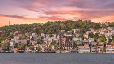 View from the sea of the green mountains of the Europian side of Bosphorus strait, with traditional houses and dense trees in a summer day, Istanbul, Turkey