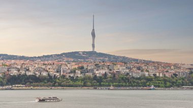 Panoramik bir manzarada, Kucuk Camlica TV Radyo Kulesi 'nin Uskudar, İstanbul ve Türkiye kentsel manzarası üzerinde yükseldiği görülüyor.