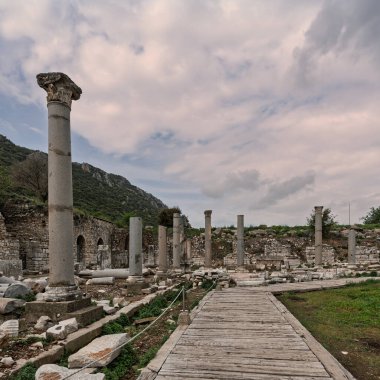 Doğu Spor Salonu, Efes, Selcuk, Türkiye 'nin antik Roma kalıntıları. Korint sütunları, taş kemerler ve bulutlu gökyüzünün altında yeşil bir tepe.