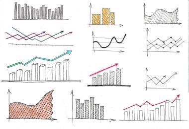 Beyaz kağıda el yapımı karalama tasarımları. İş karalamaları elle çizilmiş simgeler.