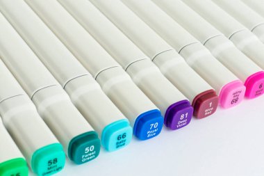 Alkol bazlı çizim işaretleri. Ressamlar ve grafik tasarımcıları için fırça ve keski çift uçlu. Seçici odak