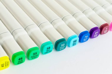 Alkol bazlı çizim işaretleri. Ressamlar ve grafik tasarımcıları için fırça ve keski çift uçlu. Seçici odak