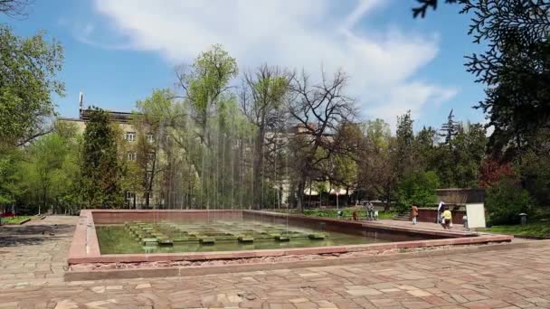 阿拉木图市 2023年4月23日在国家科学院前的公园里的喷泉 — 图库视频影像