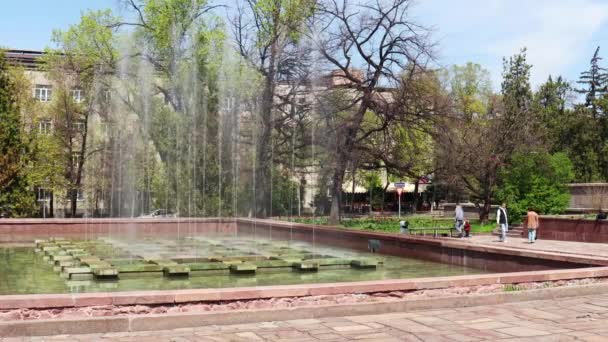 阿拉木图市时间过去了 2023年4月23日在国家科学院前的公园里的喷泉 — 图库视频影像