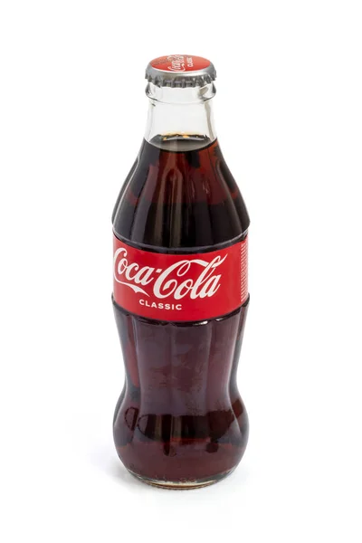 Lahvička Coca Coly Nápoj Limonádou Izolovaný Bílém Pozadí Klasická Láhev — Stock fotografie