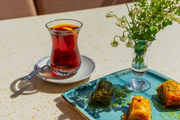 Almaty City Kazakhstan May 2023 Turkish Tea Baklava Desserts — Stock Photo, Image